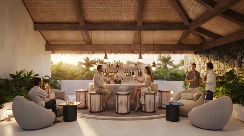 La misma escena con luz de atardecer y personas conversando en la barra
