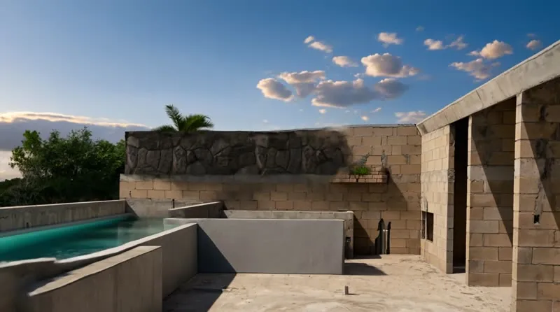 La misma terraza con alberca, vegetación y luz de tarde